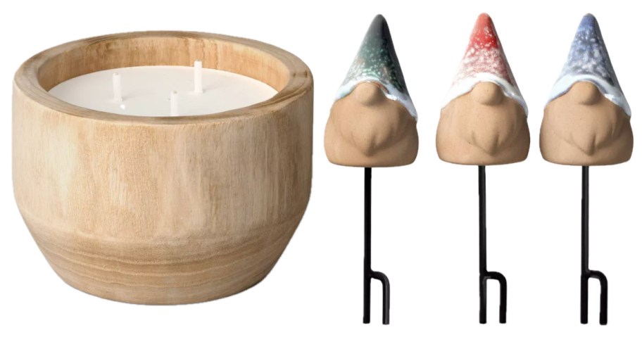 citronella candles and gnome garden stakes