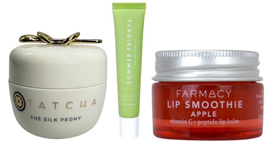 Tatcha The Silk Peony Line-Smoothing Eye Cream, Summer Fridays Lip Butter Balm, and Farmacy Lip Smoothie