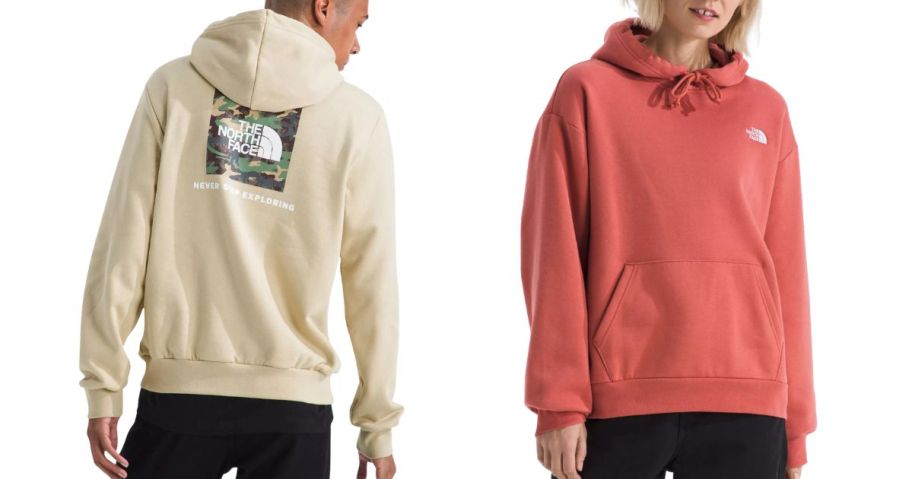 a man and a woman wearing The North Face Men's Evolution Hoodie and The North Face Women's Evolution Oversized Hoodie