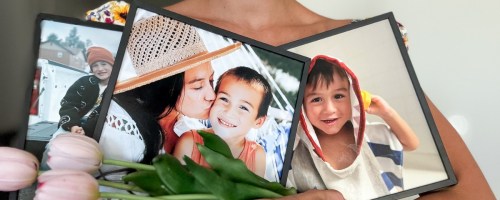 woman holding bouquet of tulips and three tilepix frames