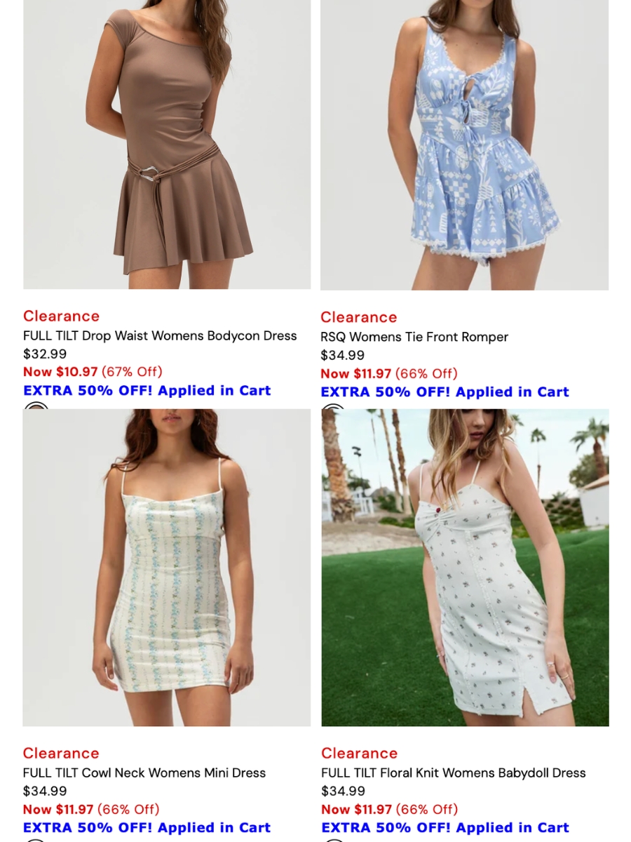 screenshot image of tilly's rompers and dresses with prices on page