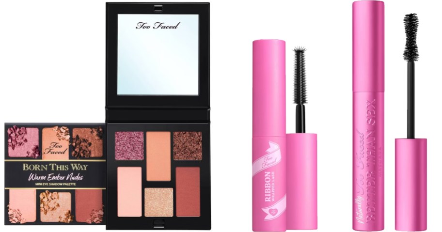 too faced eyeshadow palette and pink tubes of mascara