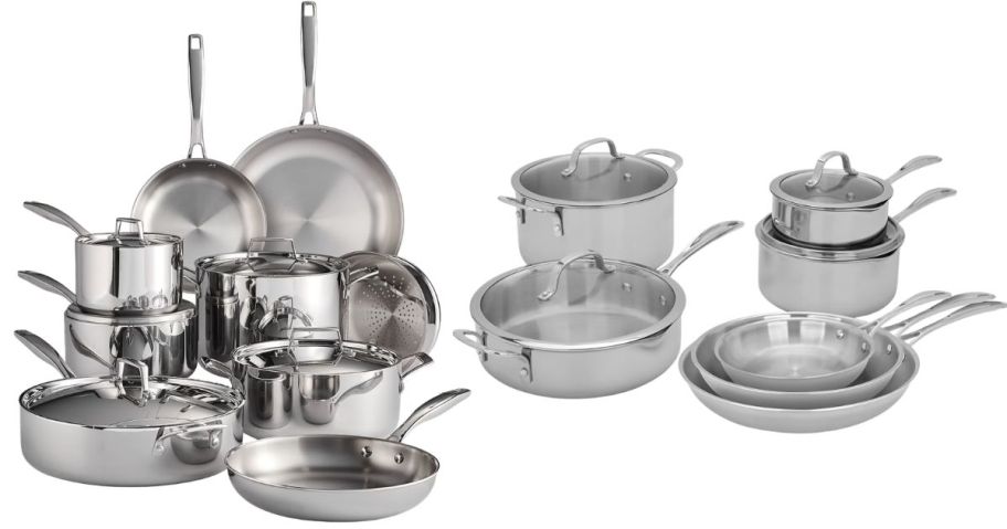 Tramontina 14-Piece Tri-Ply Clad 1810 Stainless Steel Cookware Set and Henckels 11-Piece Stainless Steel Tri-Ply Clad Cookware Set