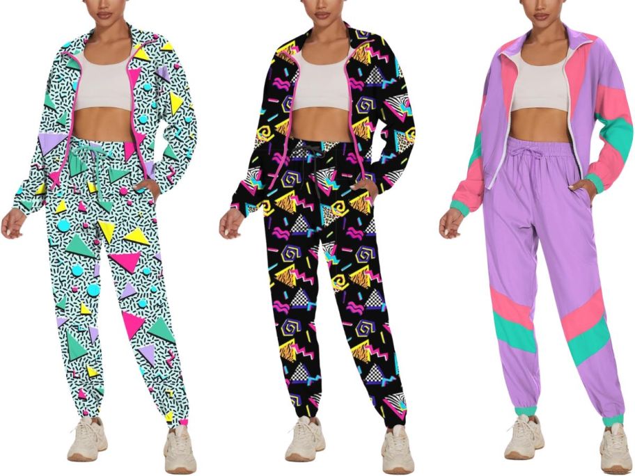 three women wearing woman wearing UOUA Women's Color Block 2-Piece Long-Sleeve Windbreaker Jacket Tracksuit Sets