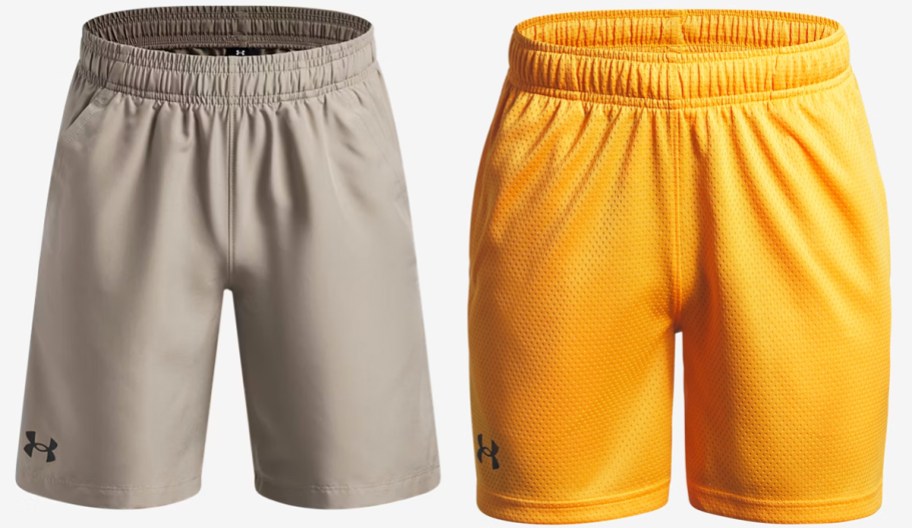 tan and yellow pairs of shorts