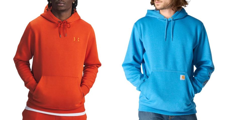 two men wearing Under Armour Men's Icon Fleece Hoodie and Carhartt Men's K288 Hoodie
