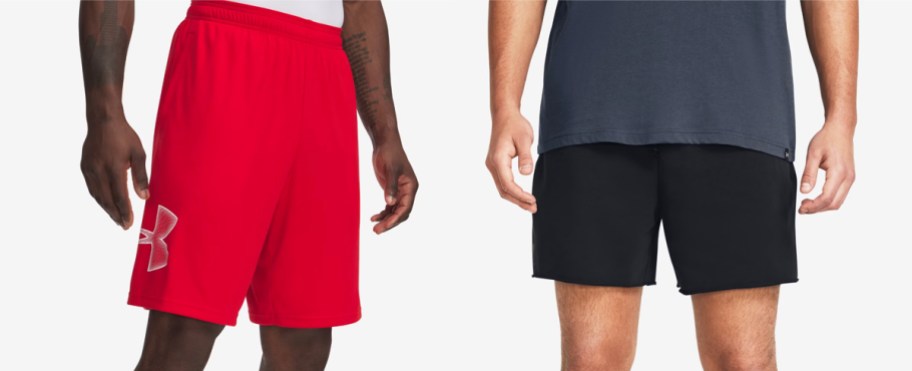 two men in red and black shorts
