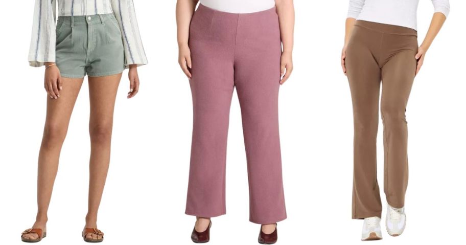 Universal Thread Women's High-Rise Pleated Jean Shorts, A New Day Women's Brushed Pull-On Pants, and Wild Fable Women's Low-Rise ButterBliss Flare Leggings