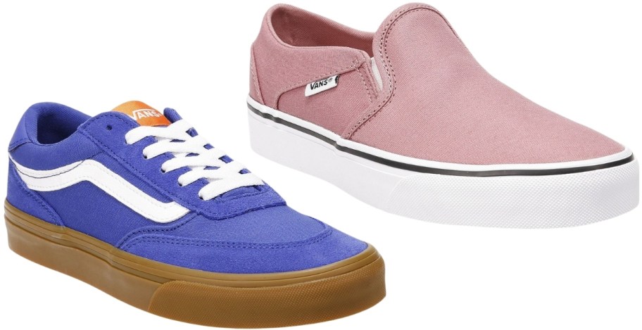 a blue kids sneaker and womens pink slip on sneaker