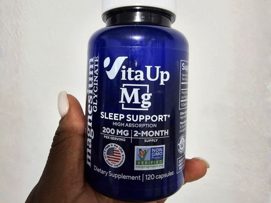 VitaUp Magnesium Glycinate 200mg Capsules 120-Count bottle in hand