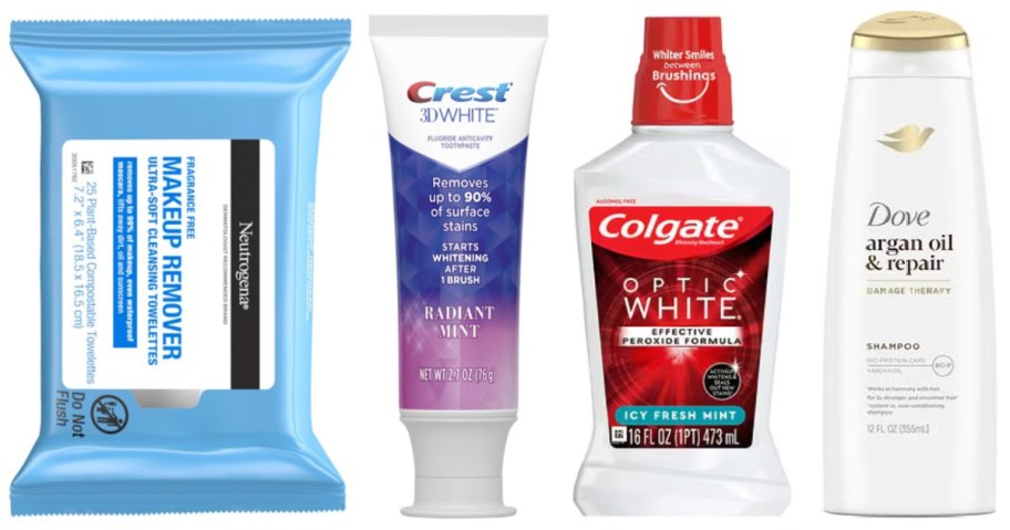 makeup remover wipes, toothpaste, mouthwash and shampoo