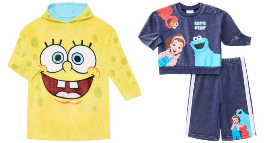 a spongebob hoodie sleeper and a ms. rachel outfit