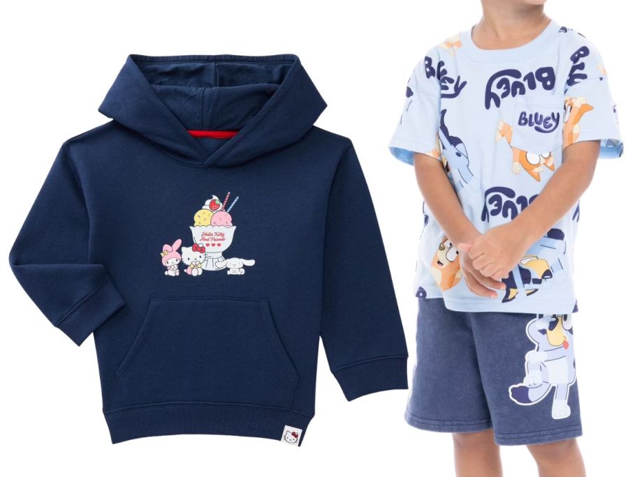 a hello kitty sweatshirt and bluey outfit