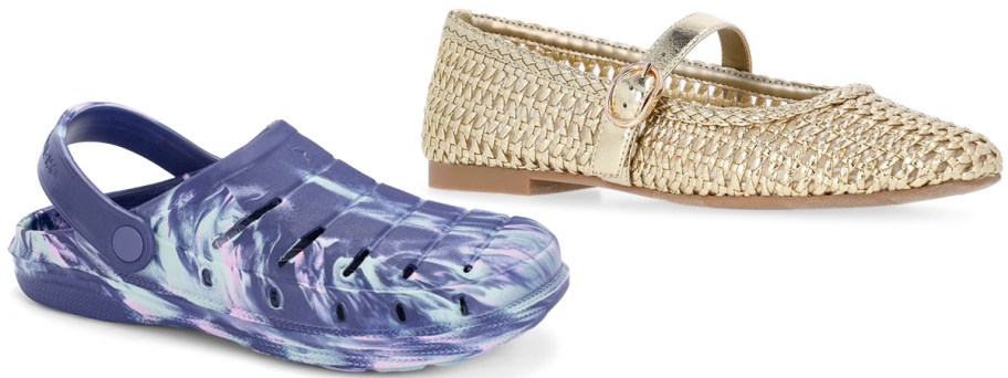 blue clogs and gold flats