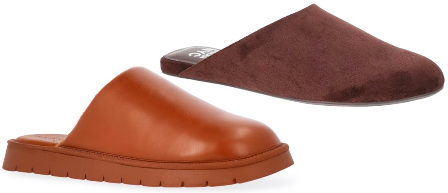 two pairs of brown clogs