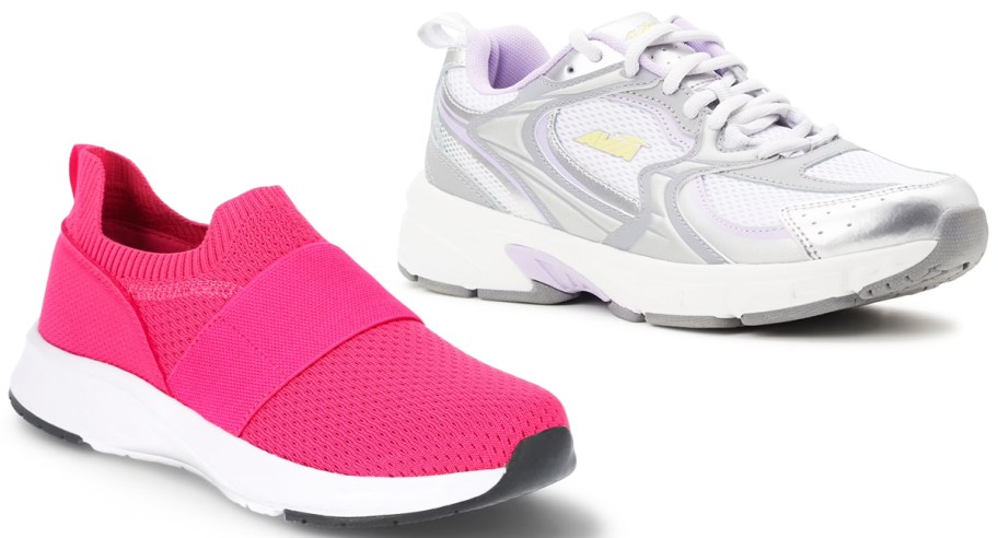 pink and white athletic shoes