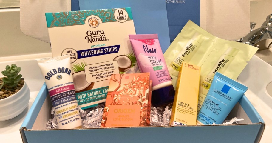 walmart spring beauty box with products laid out in box