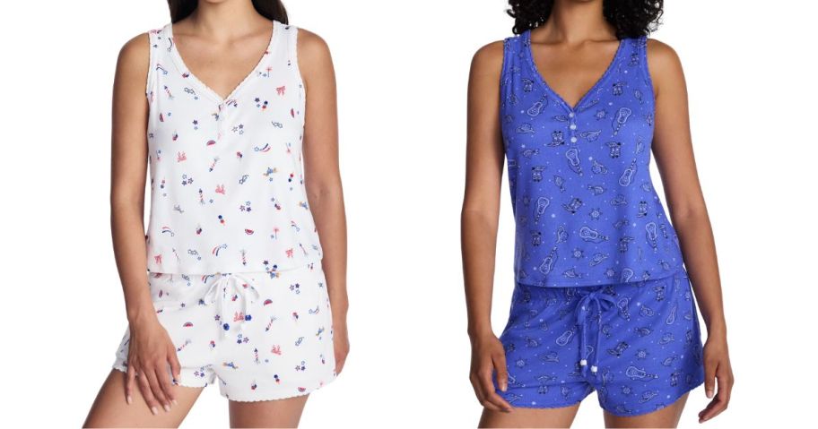 two women wearing Way To Celebrate Fourth of July Women's Pointelle Top & Shorts Pajama Set and Pointelle Pajama Set