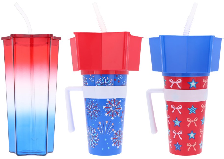 Way To Celebrate Patriotic Star-Shaped Plastic Tumbler 25oz and Way To Celebrate Patriotic Stadium Tumbler w: Snack Bowl