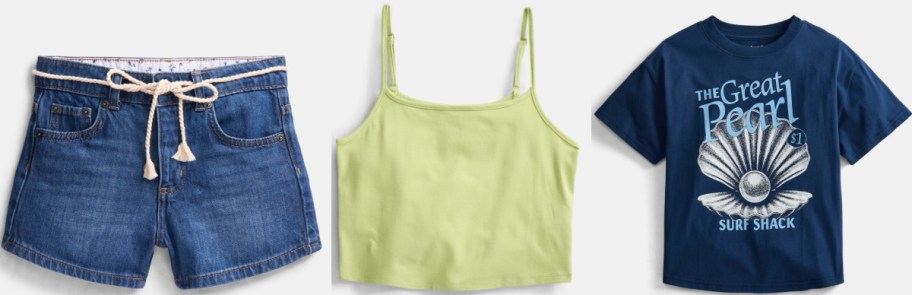 Three pieces of clothing featuring blue denim shorts with a rope belt, a light green spaghetti-strap camisole, and a dark blue graphic t-shirt.