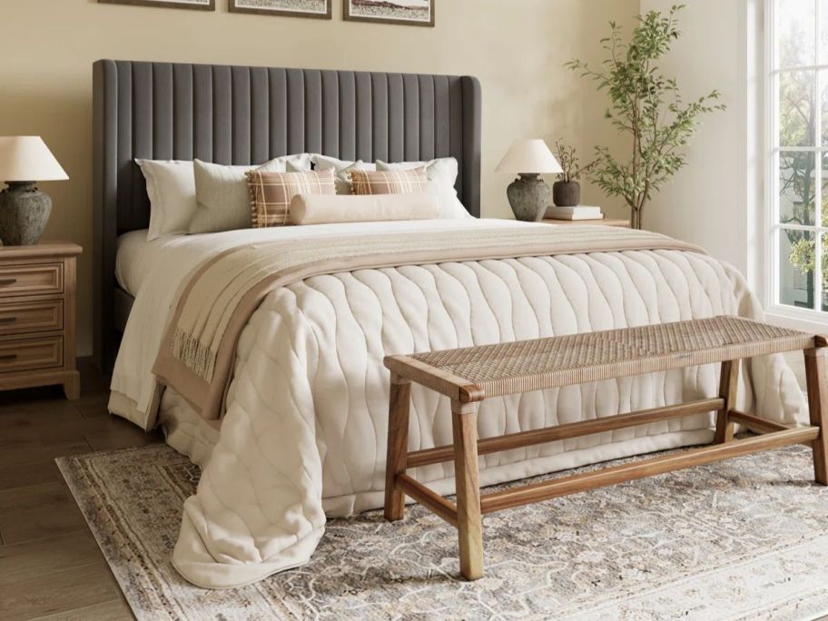 Willa Arlo Interiors Candler Velvet Upholstered Platform Bed w/ Wingback Headboard in bedroom