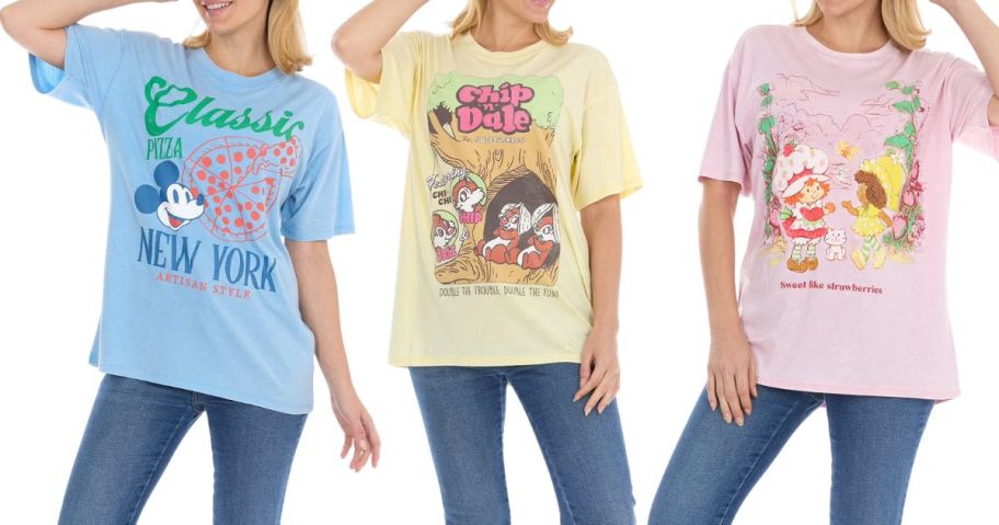 three women wearing a mickey mouse, chip and dale, and strawberry shortcake Women's Character Graphic Tee