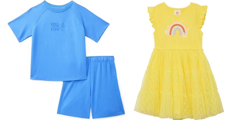 blue outfit set and yellow dress