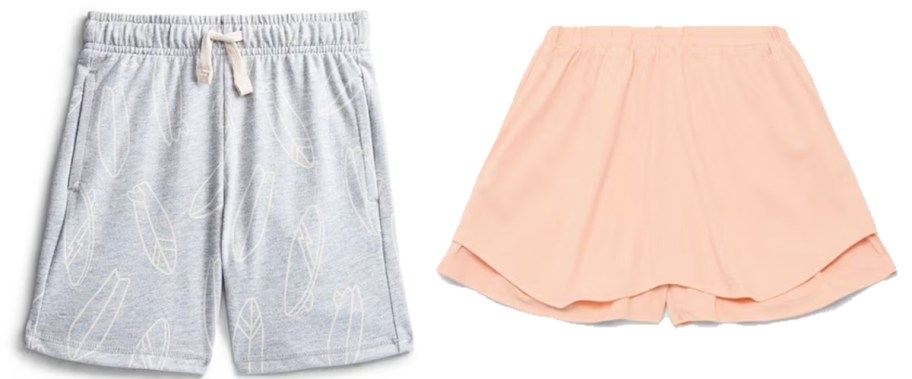 grey shorts and light orange skirt