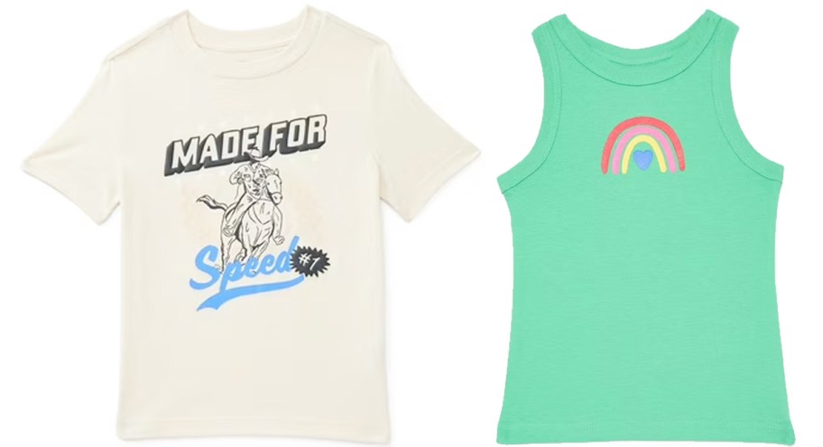 white graphic tee and green tank top