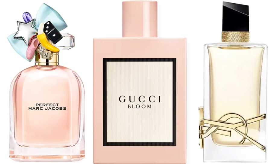 Marc Jacobs, Gucci, and YSL fragrance bottles