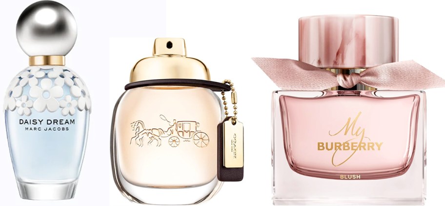 bottles of Marc Jacobs Daisy Dream, Coach New York, & Burberry My Burberry Blush fragrances
