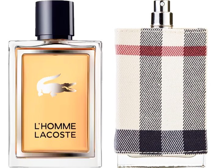 Calvin Klein, Lacoste, & Burberry fragrance bottles