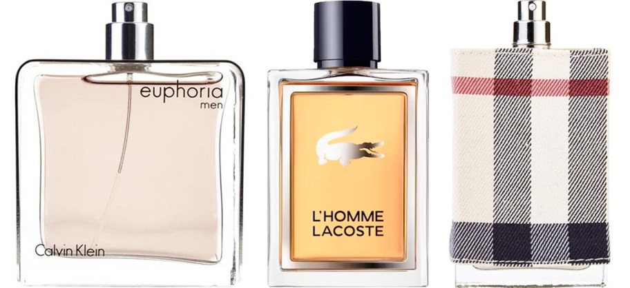Calvin Klein, Lacoste, & Burberry fragrance bottles