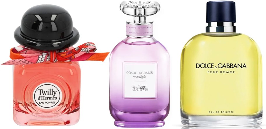 3 bottles of hermes, coach, and D&G fragrances in a row