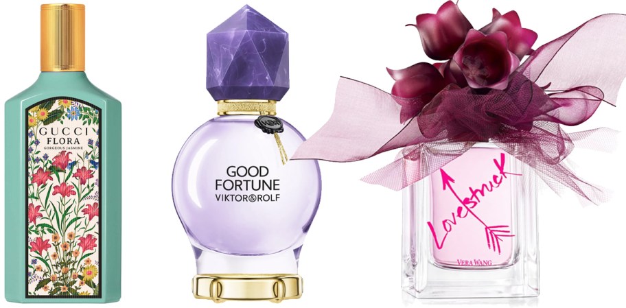 3 bottles of Gucci, Viktor & Rolf, and Vera Wang fragrances in a row