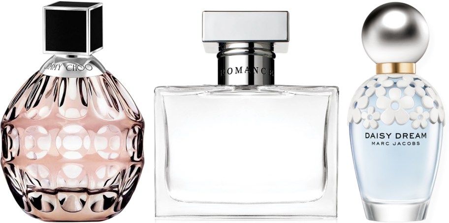 bottles of Jimmy Choo, Ralph Lauren, and Marc Jacobs fragrances