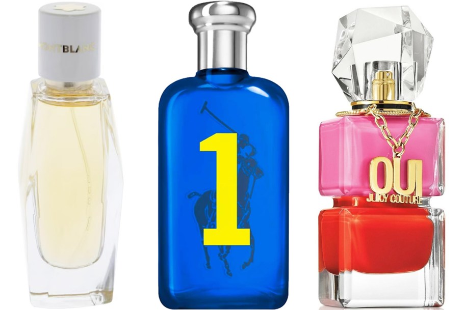 bottles of Montblanc, Ralph Lauren, and Juicy Couture fragrances