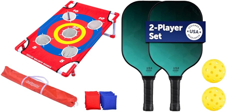 cornhole set and pickleball paddles and balls