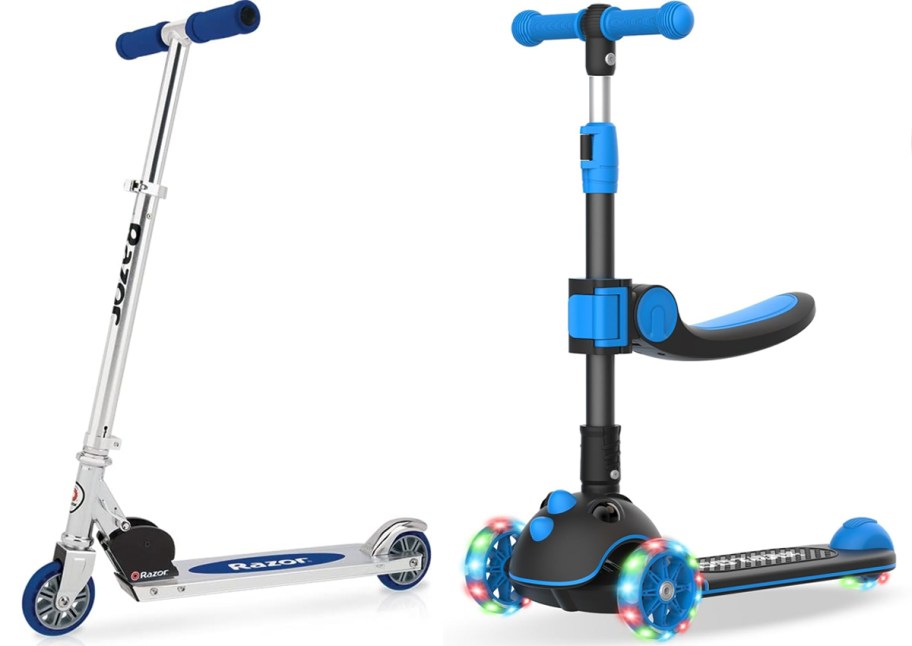 blue razor scooter and kids scooter with seat