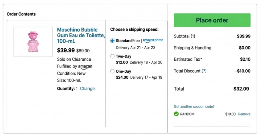 moschino perfume bottle in online shopping cart 