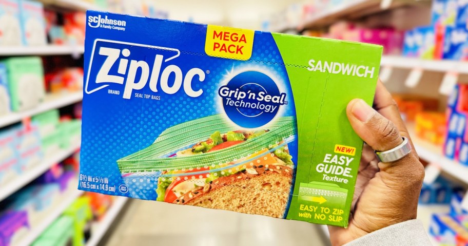 hand holding a box of Ziploc Sandwich Bags in store