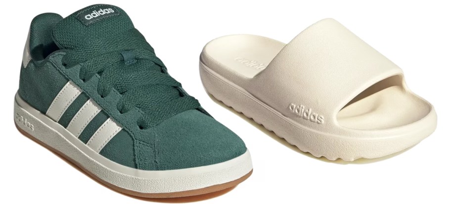 green adidas sneaker and white sandal