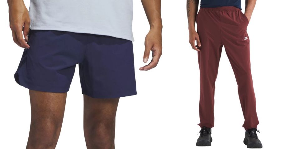 two men wearing adidas Men's Axis Woven 7 Shorts and The North Face Men's Wander 2.0 Jogger Pants