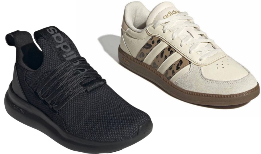 a pair of black adidas kids sneakers and a pair of beige with leopard stipes kids shoes