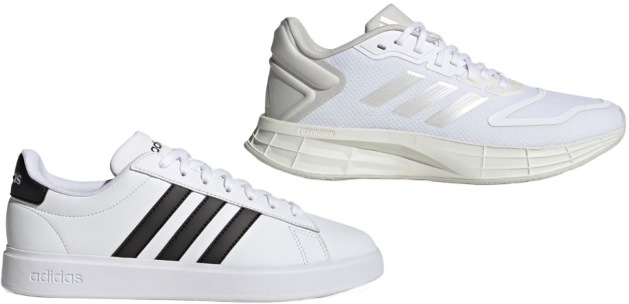 Two pairs of Adidas sneakers: the top shows a sleek white athletic shoe with silver accents, and the bottom features a classic white shoe with black stripes.