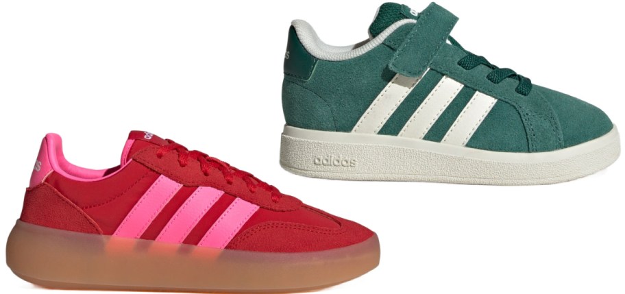 Two sneakers, one red with pink stripes and a translucent sole, the other green with white stripes and a Velcro strap.