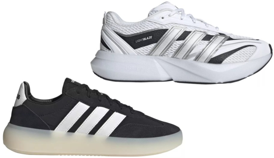 Two Adidas sneakers against a white background; a white running shoe with black and silver accents on top, and a black suede shoe with white stripes and a thick translucent sole on the bottom.