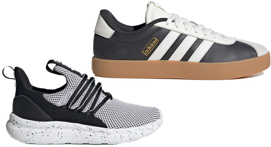 two black and white adidas sneakers