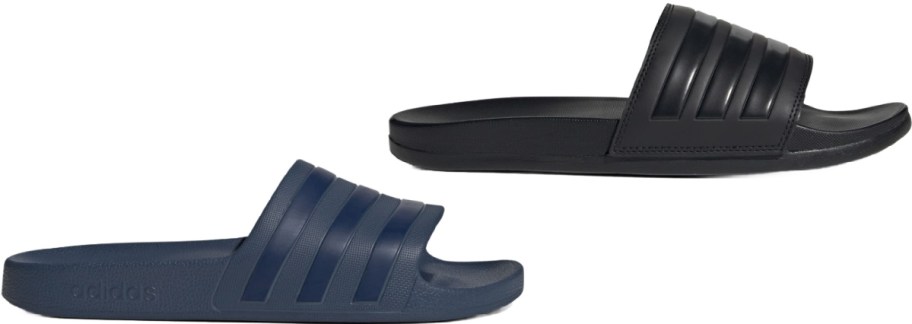 Two pairs of Adidas slide sandals are shown. One is navy blue, and the other is black, both with signature three stripes on the strap.
