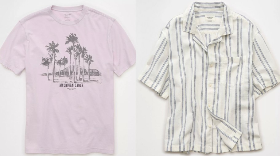 mens purple tee and striped collared shirt